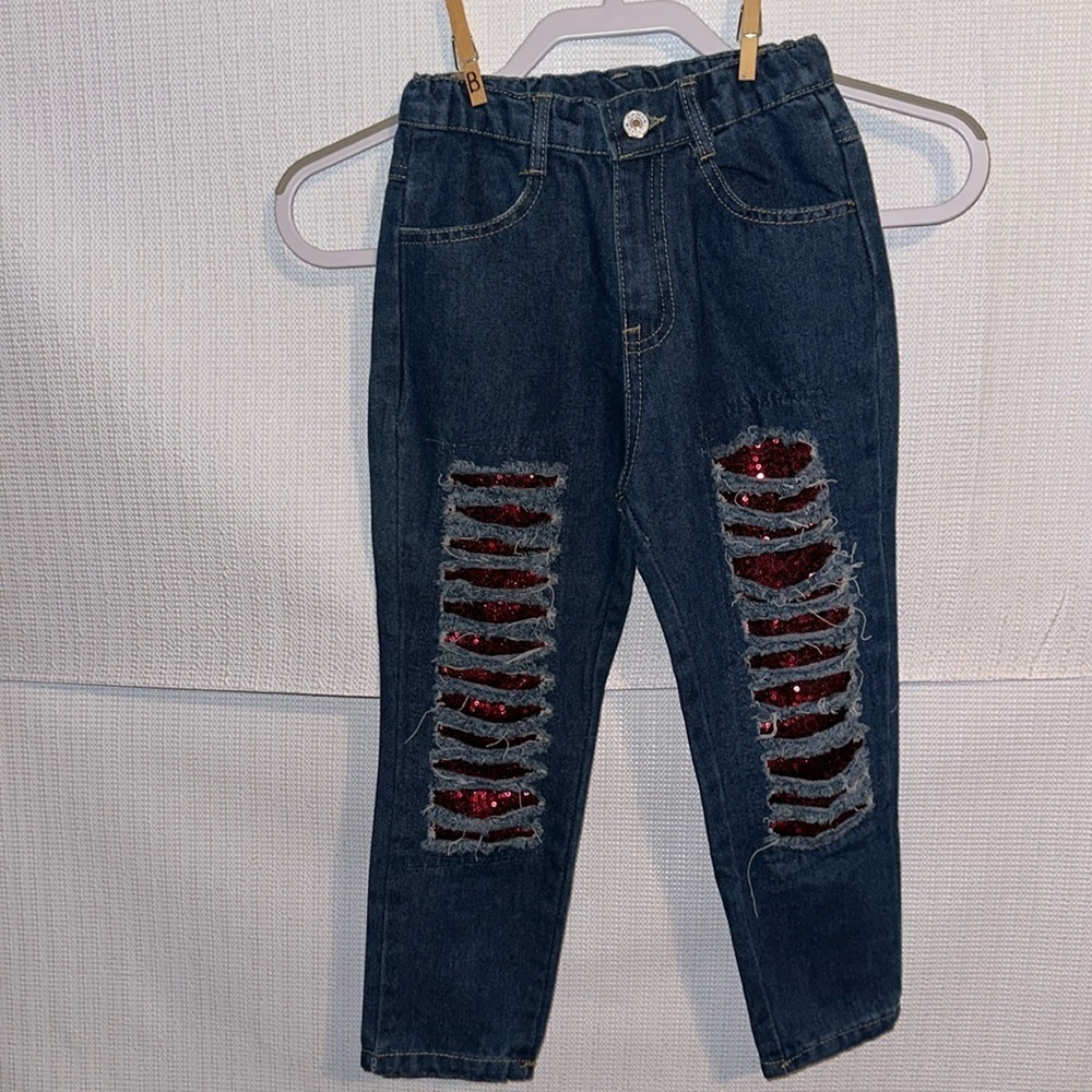 Red/Burgundy Sequin Distressed Skinny Leg Jeans Girls Size 2XL (6/7)